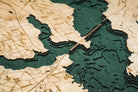 Lake Ray Hubbard, Texas 3D layered wood map in laser-cut Baltic birch, shown framed against a light wall