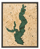 Lake Ray Hubbard, Texas 3D layered wood map in laser-cut Baltic birch, shown framed against a light wall