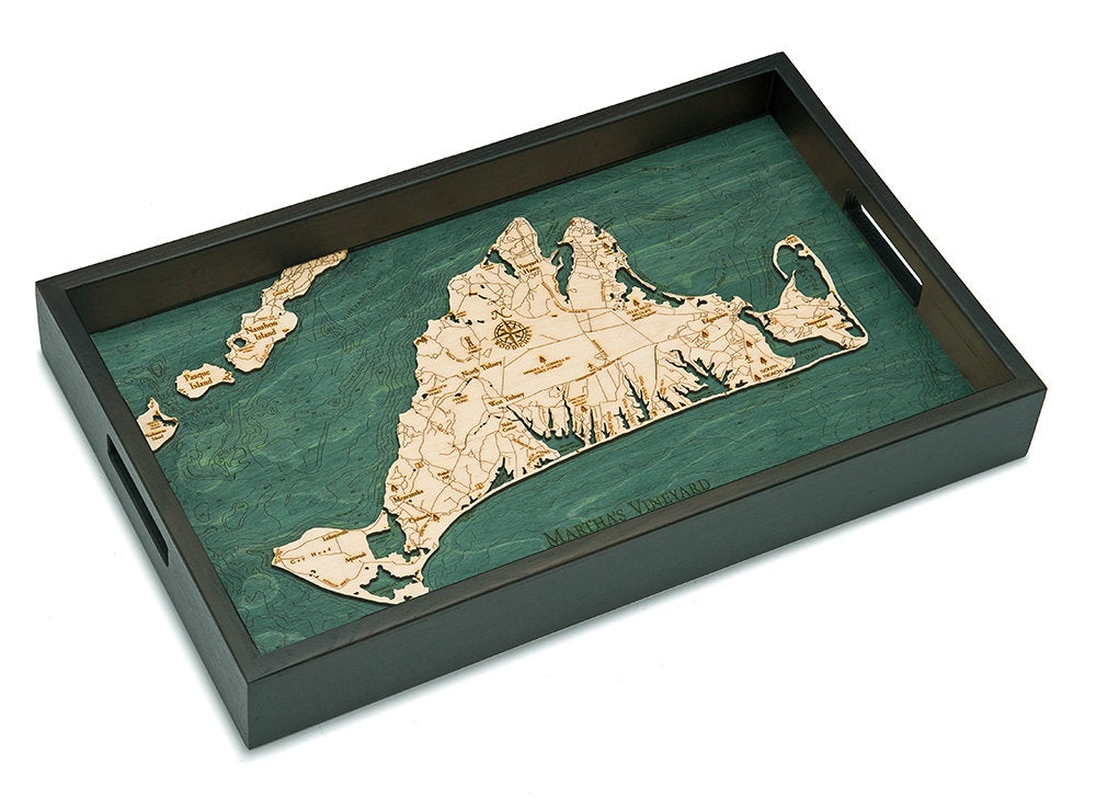 Martha's Vineyard, Massachusetts wood serving tray in laser-cut Baltic birch, shown framed against a light wall