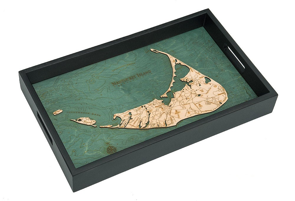 Nantucket, Massachusetts wood serving tray in laser-cut Baltic birch, shown framed against a light wall