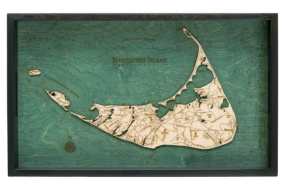 Nantucket, Massachusetts wood serving tray in laser-cut Baltic birch, shown framed against a light wall