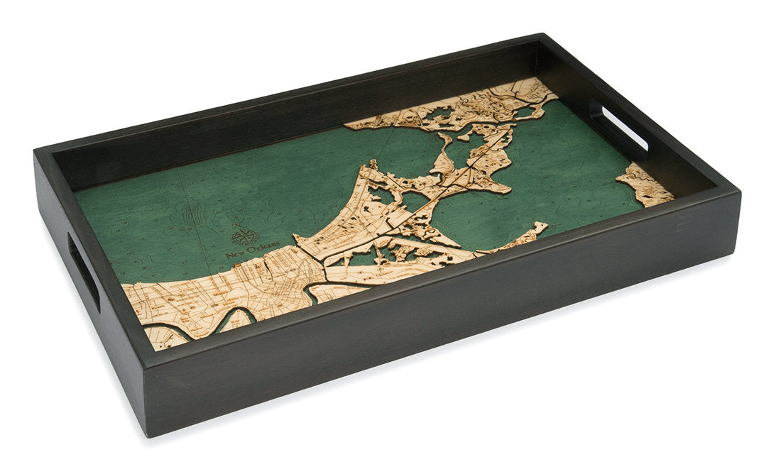 New Orleans, Louisiana wood serving tray in laser-cut Baltic birch, shown framed against a light wall