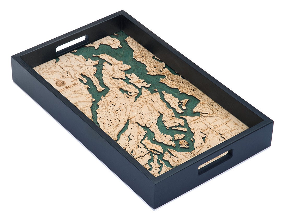 Puget Sound, Washington wood serving tray in laser-cut Baltic birch, shown framed against a light wall