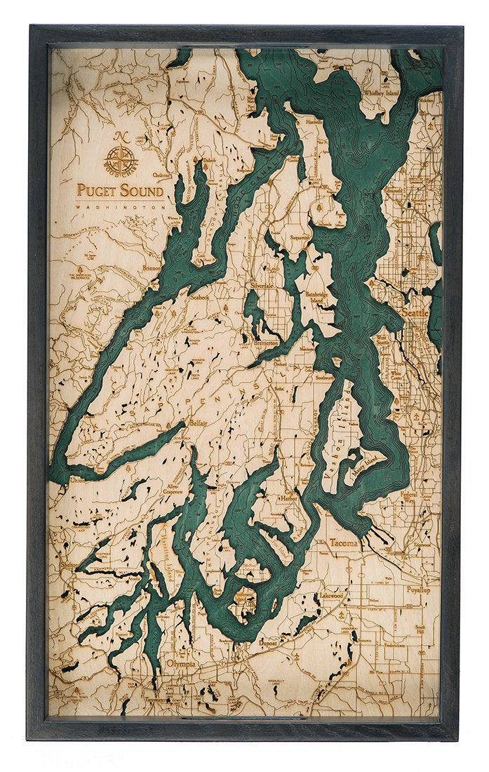 Puget Sound, Washington wood serving tray in laser-cut Baltic birch, shown framed against a light wall
