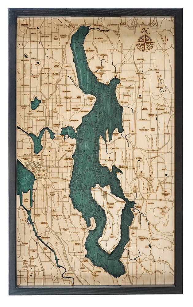 Lake Washington wood serving tray in laser-cut Baltic birch, shown framed against a light wall