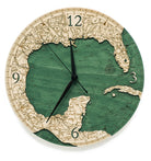 Gulf Of Mexico wood wall clock in laser-cut Baltic birch, shown framed against a light wall
