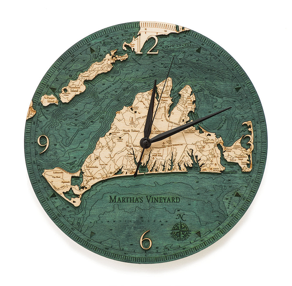 Martha's Vineyard, Massachusetts wood wall clock in laser-cut Baltic birch, shown framed against a light wall