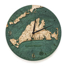Martha's Vineyard, Massachusetts wood wall clock in laser-cut Baltic birch, shown framed against a light wall