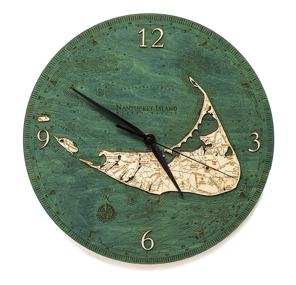 Nantucket, Massachusetts wood wall clock in laser-cut Baltic birch, shown framed against a light wall