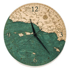 Santa Barbara, California wood wall clock in laser-cut Baltic birch, shown framed against a light wall