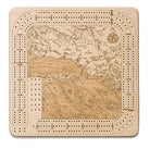 Santa Barbara, California wood cribbage board in laser-cut Baltic birch, shown framed against a light wall