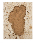 Lake Tahoe, California framed cork map in laser-cut Baltic birch, shown framed against a light wall