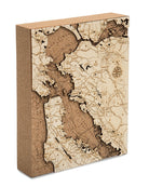 San Francisco, California framed cork map in laser-cut Baltic birch, shown framed against a light wall