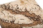 Salish Sea, Washington framed cork map in laser-cut Baltic birch, shown framed against a light wall