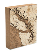 Salish Sea, Washington framed cork map in laser-cut Baltic birch, shown framed against a light wall