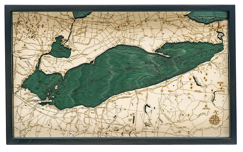 Lake Erie wood serving tray in laser-cut Baltic birch, shown framed against a light wall