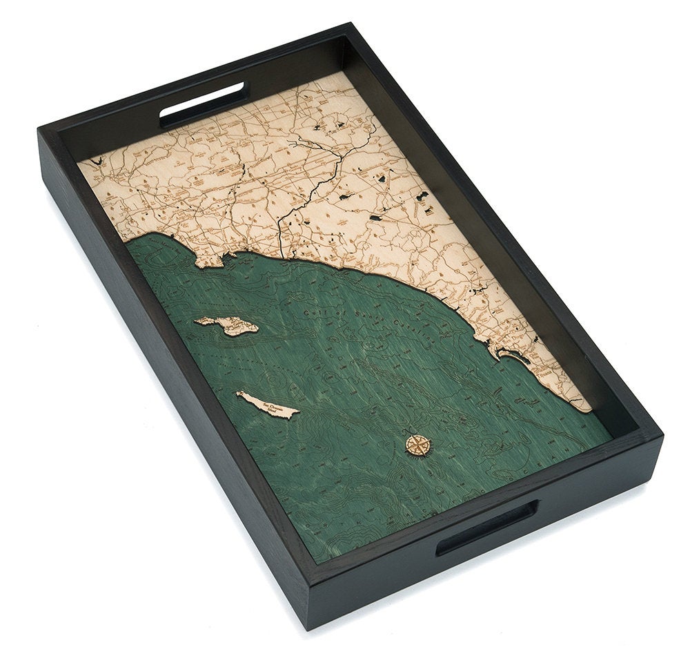 LA to San Diego, California wood serving tray in laser-cut Baltic birch, shown framed against a light wall