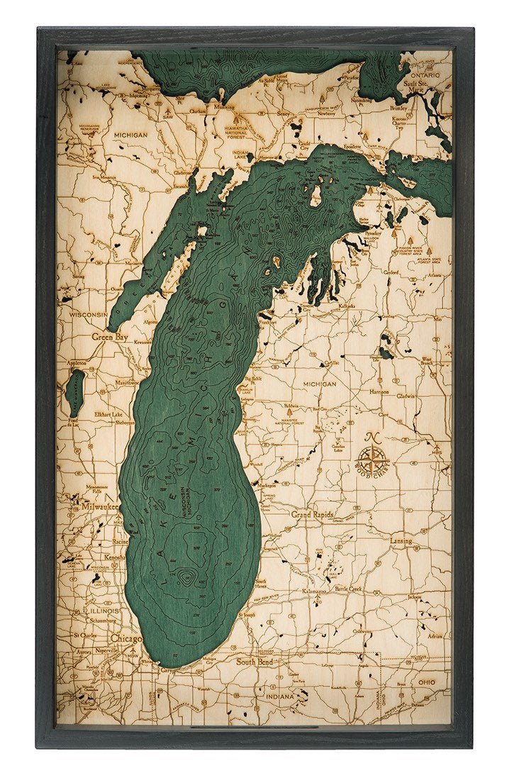 Lake Michigan wood serving tray in laser-cut Baltic birch, shown framed against a light wall