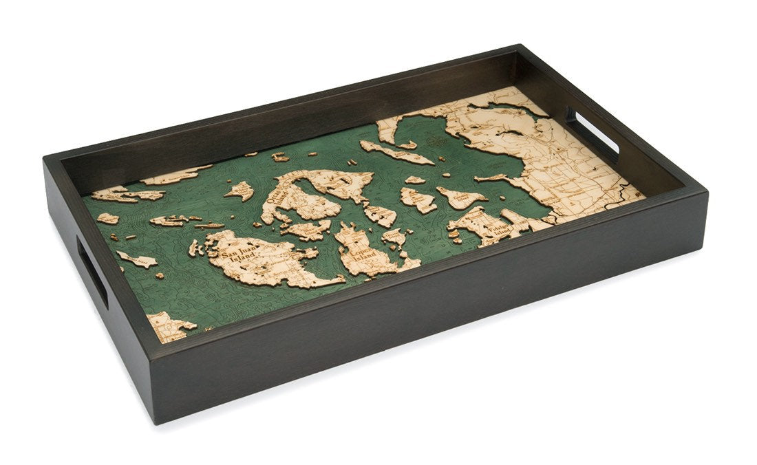 San Francisco, California wood serving tray in laser-cut Baltic birch, shown framed against a light wall