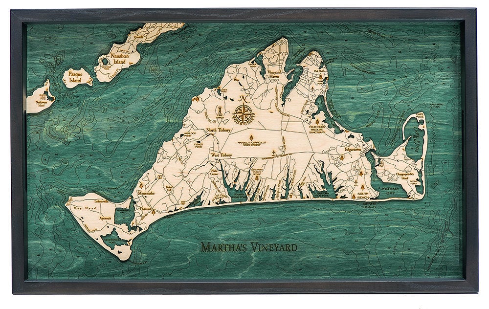 Martha's Vineyard, Massachusetts wood serving tray in laser-cut Baltic birch, shown framed against a light wall