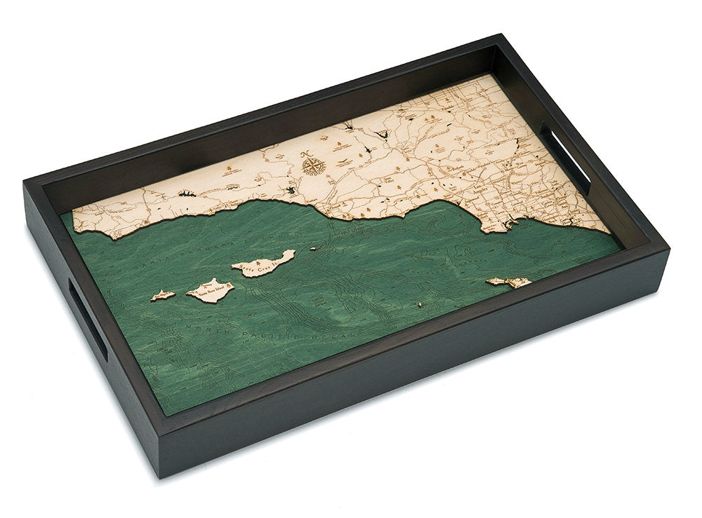 Santa Barbara, California wood serving tray in laser-cut Baltic birch, shown framed against a light wall