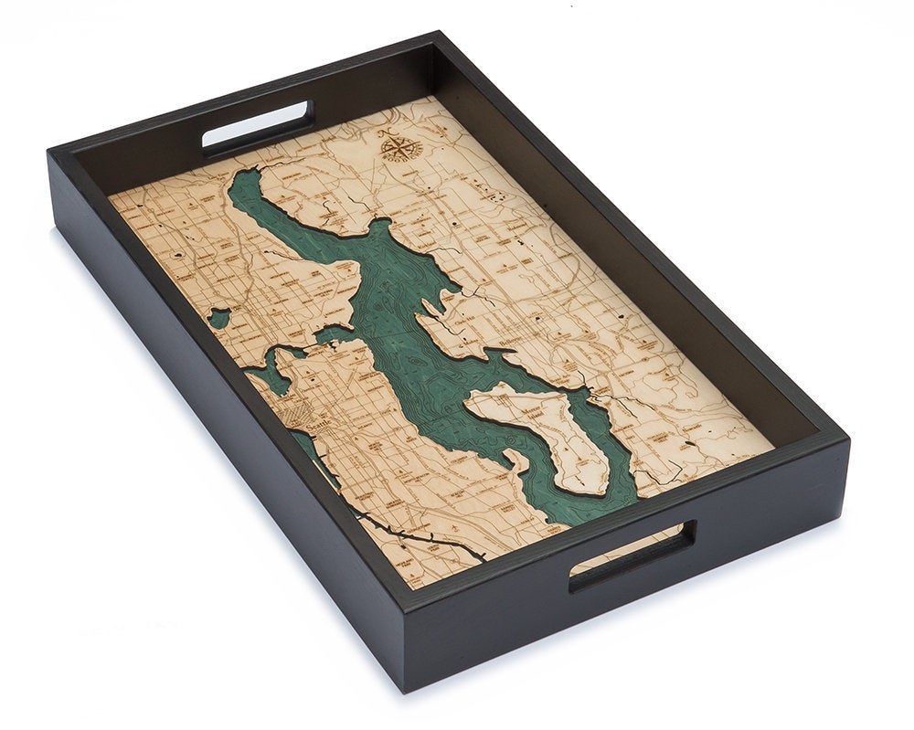 Lake Washington wood serving tray in laser-cut Baltic birch, shown framed against a light wall