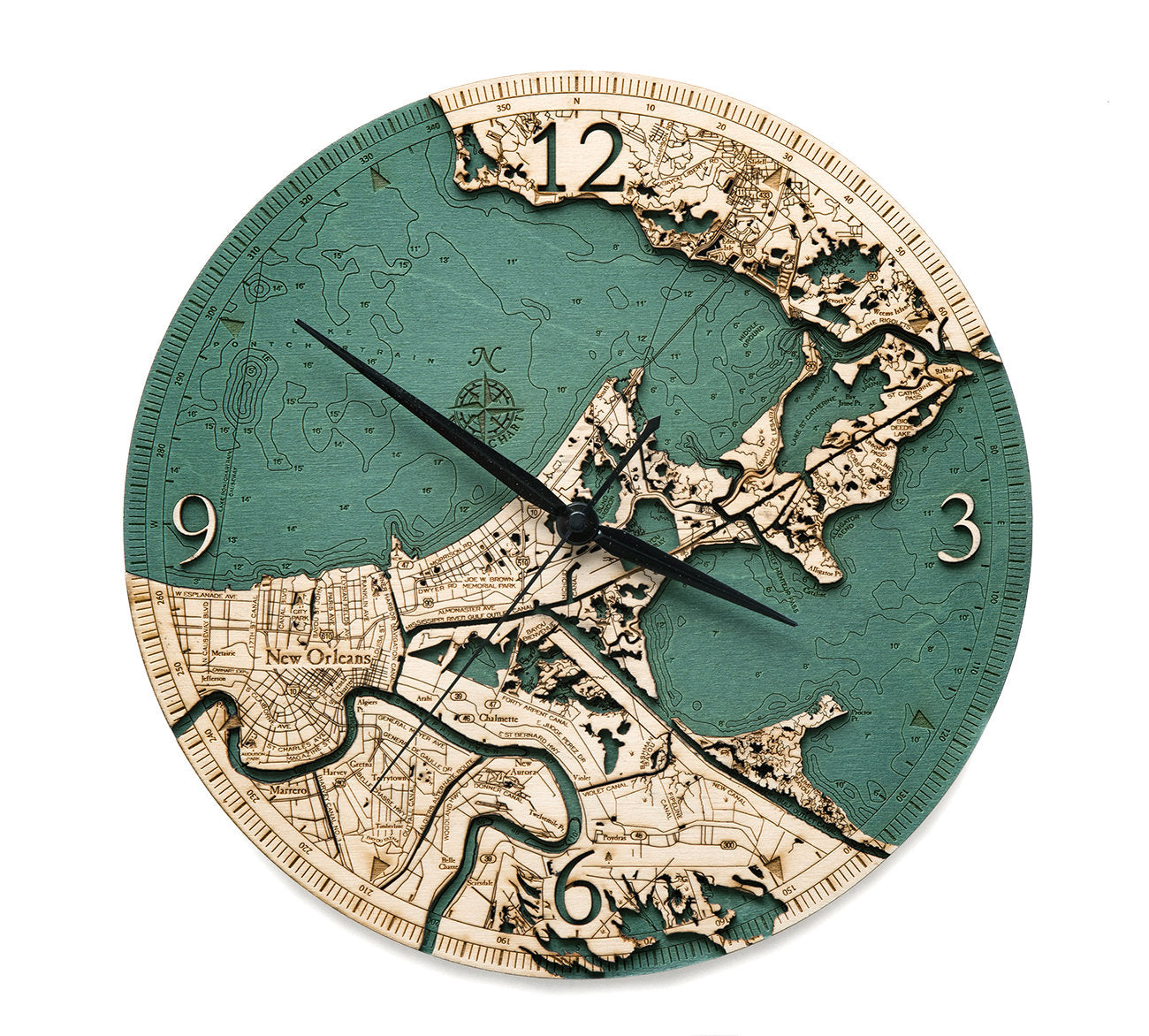 New Orleans, Louisiana wood wall clock in laser-cut Baltic birch, shown framed against a light wall