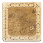 Hawaiian Islands wood cribbage board in laser-cut Baltic birch, shown framed against a light wall