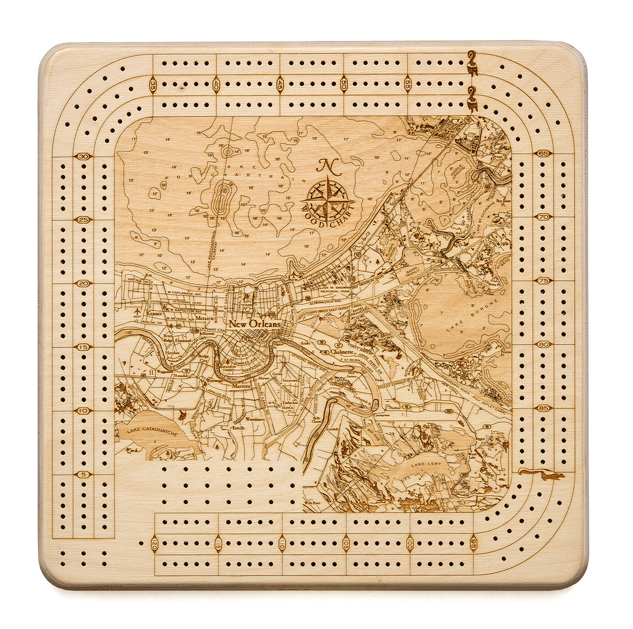 New Orleans, Louisiana wood cribbage board in laser-cut Baltic birch, shown framed against a light wall