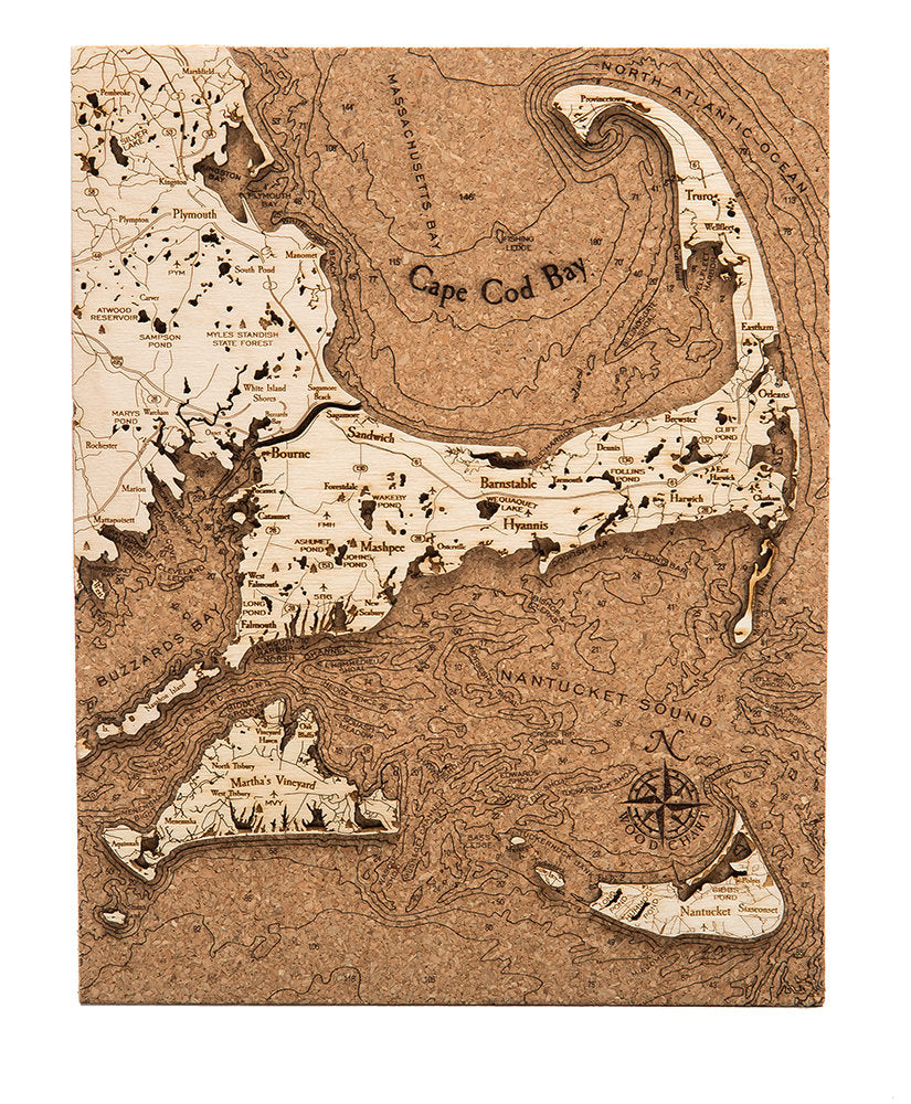 Cape Cod Topographic Cork Decoration - Nautical Lake Art