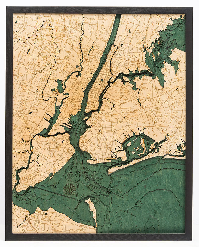 5 Boroughs of New York Wood Carved Topographic Depth Chart / Map - Nautical Lake Art