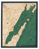 Door County, Wisconsin 3D layered wood map in laser-cut Baltic birch, shown framed against a light wall
