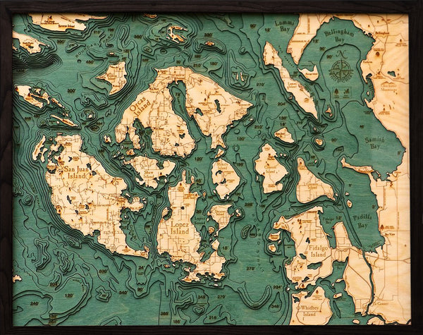 San Juan Islands Wood Carved Topographical Map - Nautical Lake Art