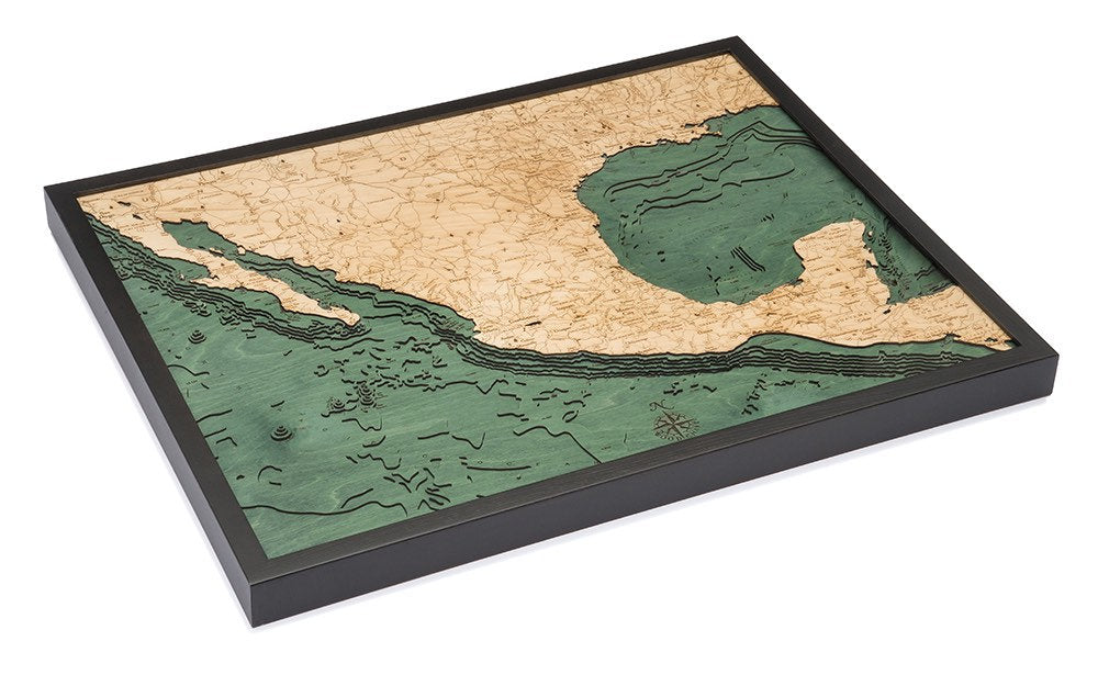Mexico 3D layered wood map in laser-cut Baltic birch, shown framed against a light wall