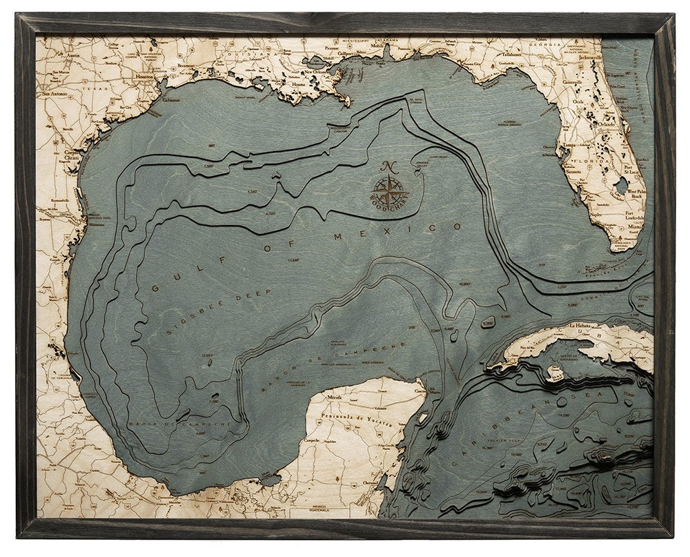 Gulf Of Mexico 3D layered wood map in laser-cut Baltic birch, shown framed against a light wall