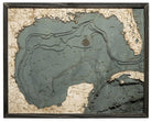 Gulf Of Mexico 3D layered wood map in laser-cut Baltic birch, shown framed against a light wall