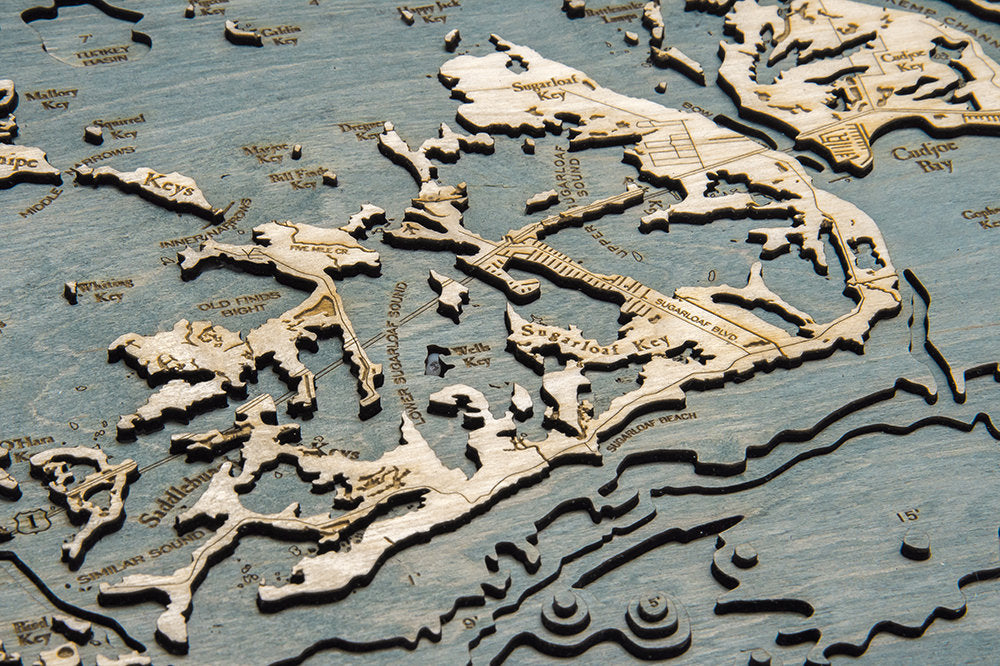 Florida Keys Wood Carved Topographic Depth Chart / Map - Nautical Lake Art