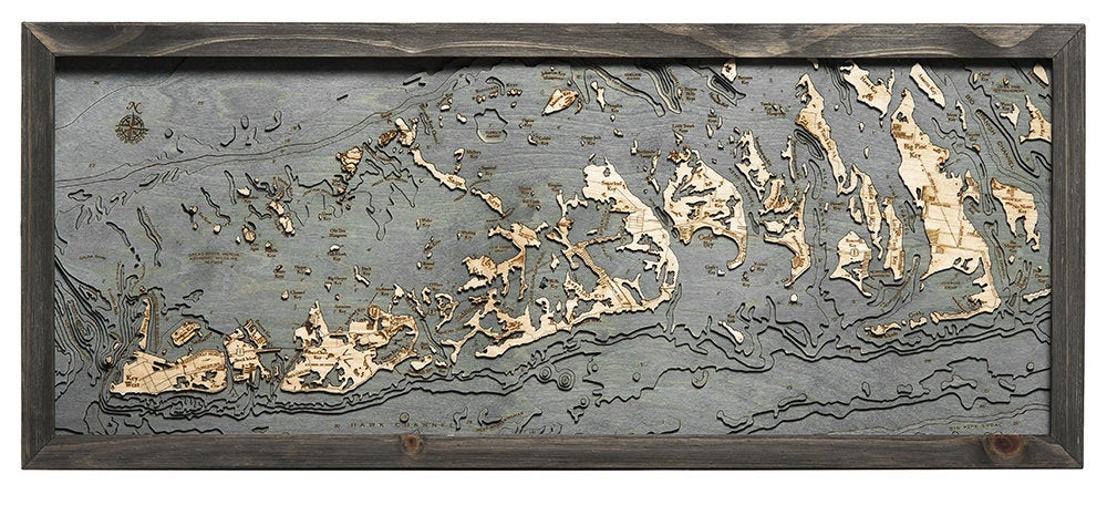 Florida Keys 3D layered wood map in laser-cut Baltic birch, shown framed against a light wall