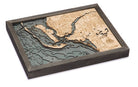 Fort Myers, Florida 3D layered wood map in laser-cut Baltic birch, shown framed against a light wall