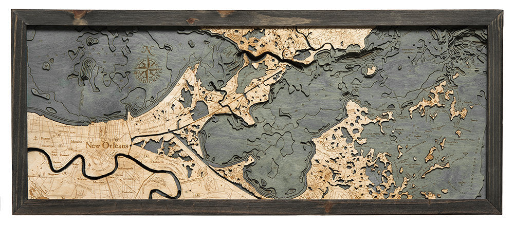 New Orleans, Louisiana 3D layered wood map in laser-cut Baltic birch, shown framed against a light wall