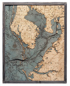 Tampa Bay, Florida 3D layered wood map in laser-cut Baltic birch, shown framed against a light wall