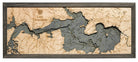 Lake Livingston, Texas 3D layered wood map in laser-cut Baltic birch, shown framed against a light wall