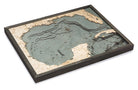 Gulf Of Mexico 3D layered wood map in laser-cut Baltic birch, shown framed against a light wall