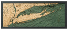 Long Island Sound 3D layered wood map in laser-cut Baltic birch, shown framed against a light wall