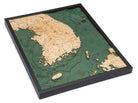 South Korea 3D layered wood map in laser-cut Baltic birch, shown framed against a light wall