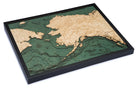 Alaska 3D layered wood map in laser-cut Baltic birch, shown framed against a light wall