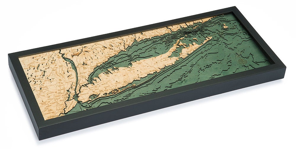 Long Island Sound 3D layered wood map in laser-cut Baltic birch, shown framed against a light wall