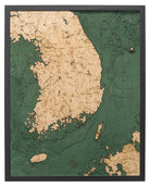 South Korea 3D layered wood map in laser-cut Baltic birch, shown framed against a light wall