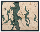Seattle, Washington 3D layered wood map in laser-cut Baltic birch, shown framed against a light wall