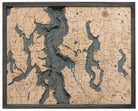 Seattle, Washington 3D layered wood map in laser-cut Baltic birch, shown framed against a light wall